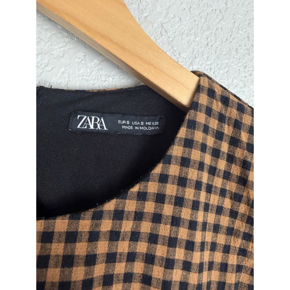 Zara Plaid Puff Sleeve Bodycon Mini Dress S Brown Ruched Balloon Sleeve Draped - Picture 3 of 10